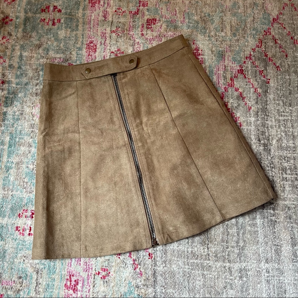 Tan Zip Front Suede Skirt